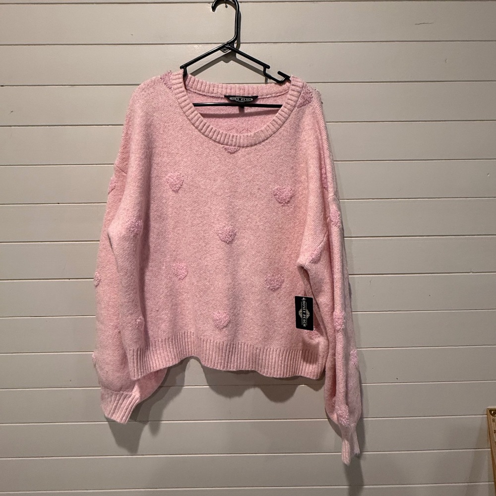 Honey Peach Pink Heart Embroidered Sweater Women XL Relaxed Knit Pullover NWT